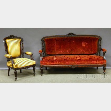 Victorian Upholstered Carved Rosewood Parlor Sofa and Armchair