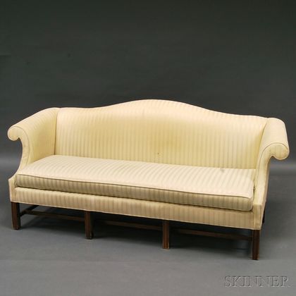 Stanton Cooper Chippendale-style Damask-upholstered Camel-back Mahogany Sofa