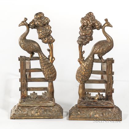 Pair of Peacock Decorated Andirons 