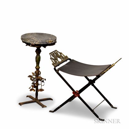 Wrought Iron Campaign-style Chair and a Plant Stand.