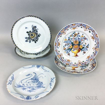 Five Delft Mostly Polychrome Ceramic Plates