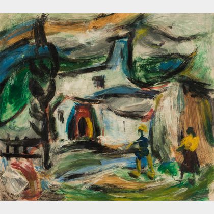 Aurel Diaconescu (Romanian, 1909-1991) Landscape with House and Two Figures
