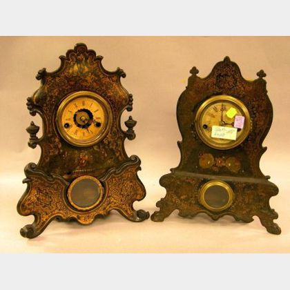 Two Victorian Rococo Revival Gilt Decorated Cast Iron Mantel Clocks. 