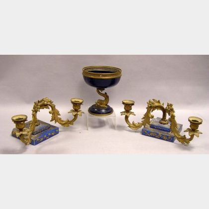 Pair of Victorian Gilt Decorated Blue Opaline and Brass Candelabra and a French Gilt-metal Mounted Glazed Porcelain Footed Bowl. 