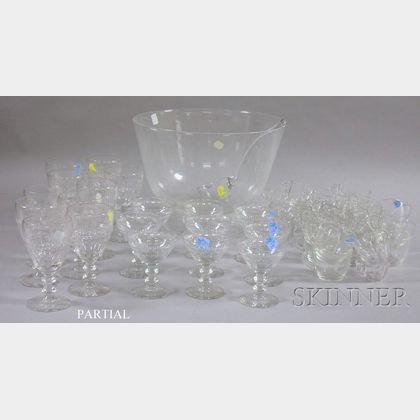 Steuben Colorless Glass Footed Punch Bowl, a Set of Colorless Glass Stemware, and Six Sets of Colorless Glass Punch Cups