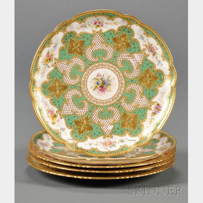 Five Royal Crown Derby Gilt-decorated Luncheon Plates