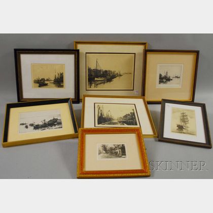Six Framed Leonard H. Mersky Cape Cod and Islands Etchings and a Framed John Sunshine Print Depicting the Sailing Ship Morgan.