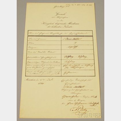 Makart, Hans (1840-1884) Stenciled Document, Signed.