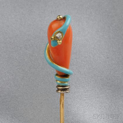 Antique Coral and Enamel Stick Pin