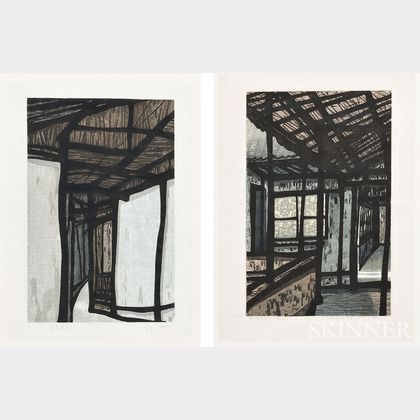 Four Modern Woodblock Prints and a Print on Batik
