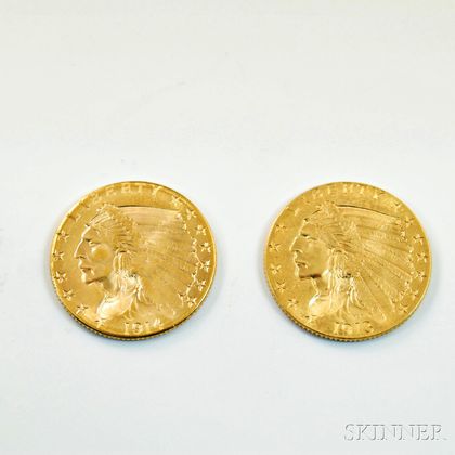 1914-D and a 1913 Indian Head Two and a Half Dollar Gold Coins. Estimate $400-600