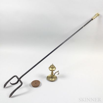 Large Wrought Iron Hearth Fork, a Brass Oil Lamp, and a Butter Mold