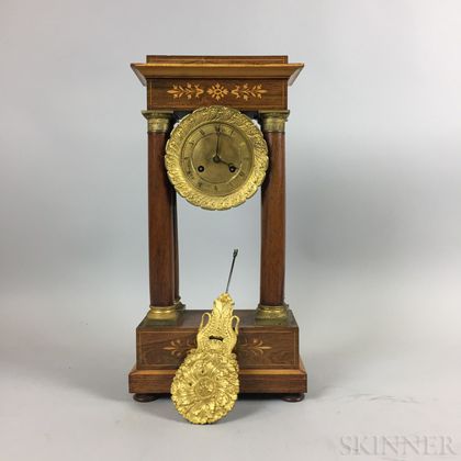 French Brass and Inlaid Rosewood Portico Clock