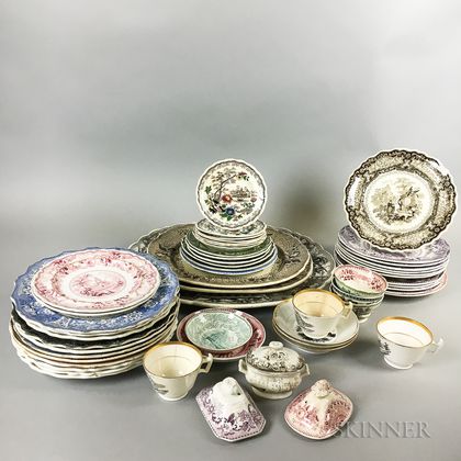 Approximately Fifty-five Transfer-decorated Plates, Platters, and Teacups. Estimate $200-300
