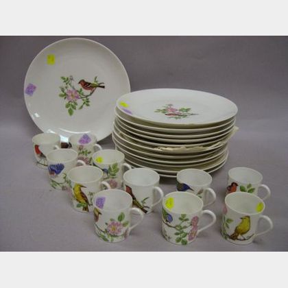 Thirty-eight Piece Limoges Handpainted Ornithological Decorated Porcelain Partial Dinner Service