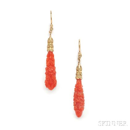 Antique Gold and Carved Coral Earpendants
