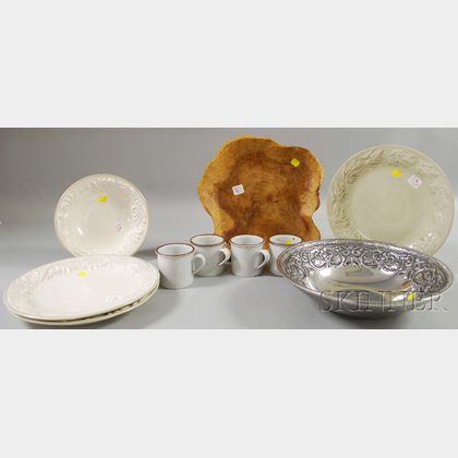 Burlwood Dish, Three Fioriware & Jardinware Plates and a Bowl, a Wilton Armetale Bowl, and a Set of Four Dansk Porcelain Mugs. 