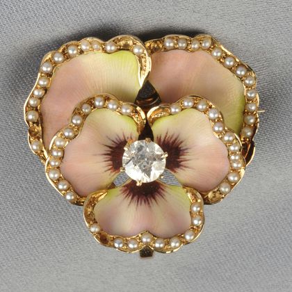 Art Nouveau Enamel and Diamond Pansy Watch Pin
