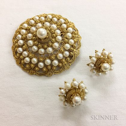 14kt Gold and Pearl Filigree Brooch and Earring