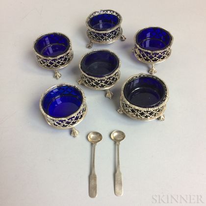 Set of Six Daniel & Charles Houle Sterling Silver and Cobalt Glass Footed Salts
