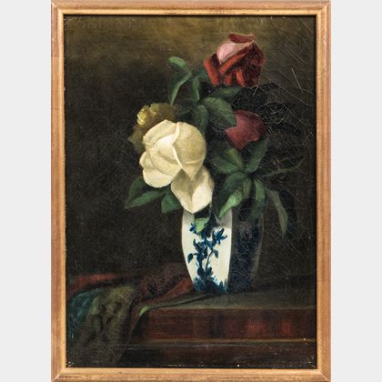 American School, 19th/20th Century Roses in a Blue and White Porcelain Vase.