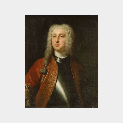 French School, 18th Century Style Portrait of an Elegant Gentleman in an Embroidered Coat Over Armor