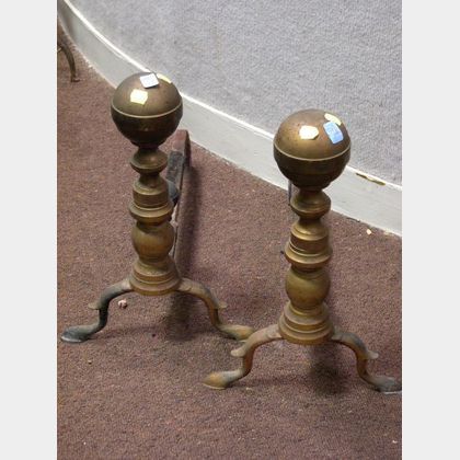Pair of Brass Belted Ball-top Andirons. 