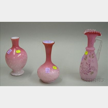 Enameled Satin Glass Ewer, a Satin Glass Vase, and a Herringbone Pink Gloss Cased Glass Vase. 