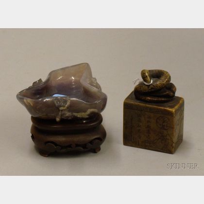 Chinese Carved Soapstone Seal and Carved Amethyst-colored Hardstone Figural Cup. 