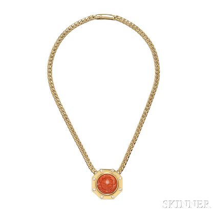 18kt Gold, Coral, and Diamond Zodiac Necklace