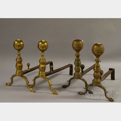 Two Pairs of Brass Belted Ball-top Andirons