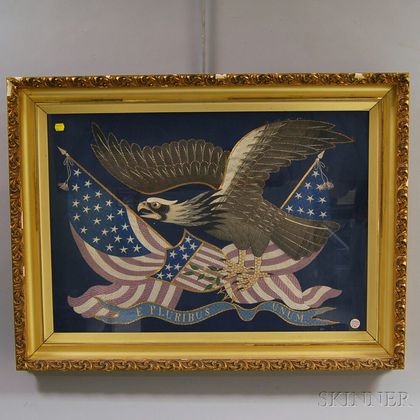 Asian Export Silk Needlework Picture of a Bald Eagle and the American Flag