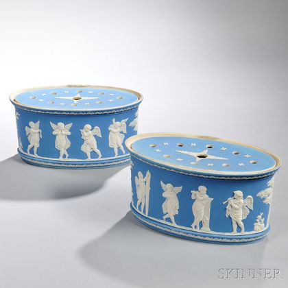 Pair of Wedgwood Light Blue Jasper Dip Bough Pots and Covers
