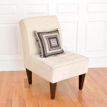 Ivory-upholstered Tufted Slipper Chair with Loose Accent Cushion