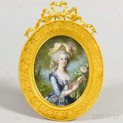 Framed Portrait Miniature of a Woman with Flowers