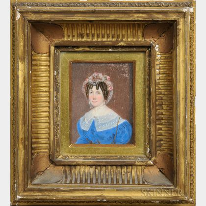 Anglo-American School, Early 19th Century Miniature Portrait of a Woman in a Blue Dress