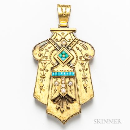 Antique 14kt Gold, Turquoise, and Pearl Pendant/Locket