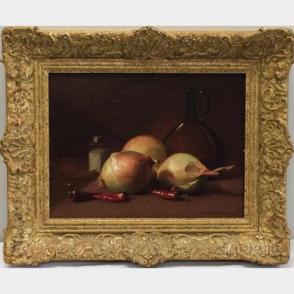 Gerard L. Steenks (American, 1847-1926) Still Life with Onions and Chili Peppers