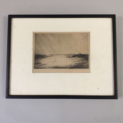 Framed Etching of a Field with a Windmill