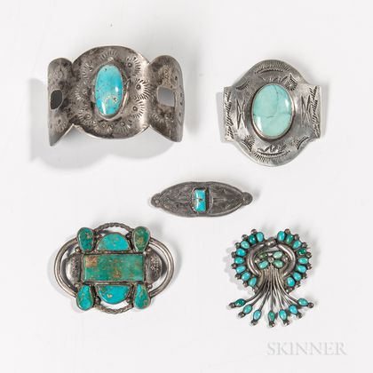 Four Navajo Silver and Turquoise Pins and Barrette