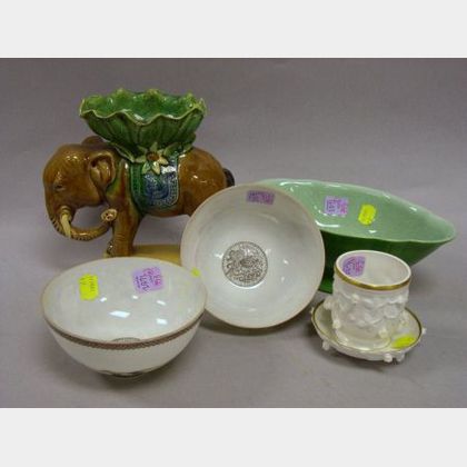 Four Assorted Asian Decorative Ceramic Items and an Encrusted Porcelain Cup and Saucer. 