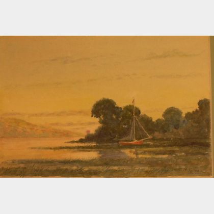Framed Watercolor of Red Sailboat at Shore