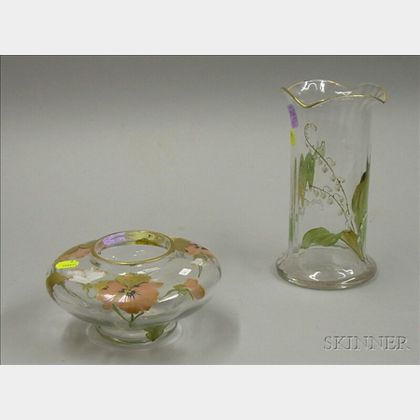 Two Mt. Washington Attributed Enamel Floral Decorated Colorless Glass Vases