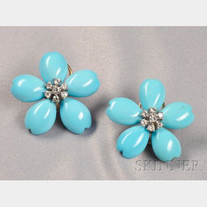18kt Gold, Turquoise, and Diamond Flower Earclips