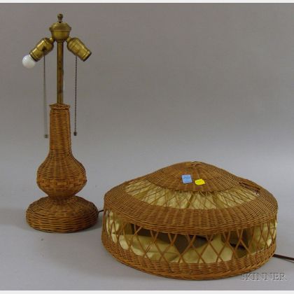 Early 20th Century Woven Wicker Table Lamp with Silk-lined Shade