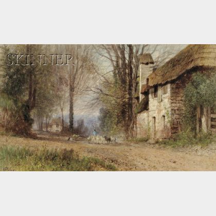 Albert Fitch Bellows (American, 1829-1883) Pastoral View, Village Lane with Shepherd and Flock