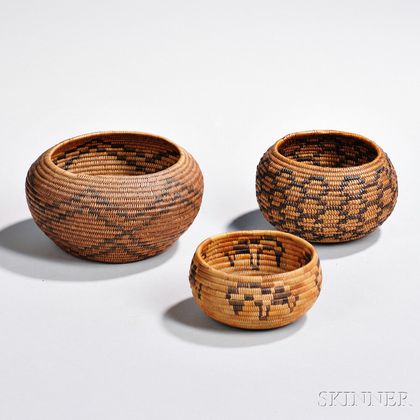 Three California Coiled Basketry Bowls