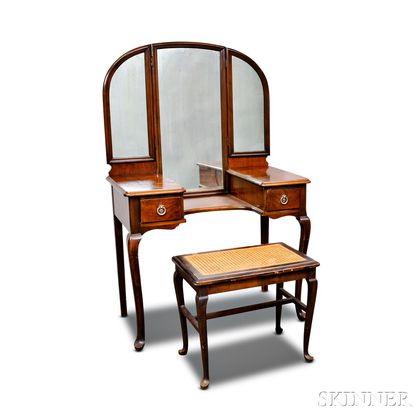 Colonial Revival Mahogany Veneer Lady's Dressing Table and a Caned Bench. Estimate $60-80