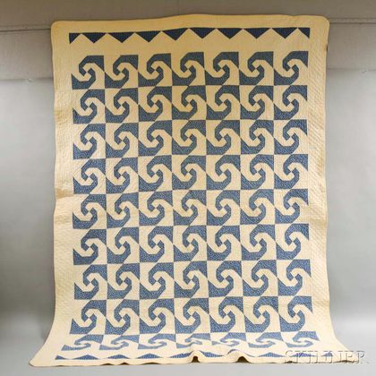 Pieced Cotton Blue and White Geometric Quilt