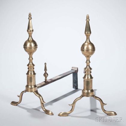 Pair of Small Signed Brass and Iron Steeple-top Andirons